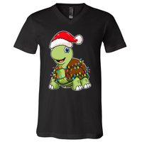 Christmas Lights Turtle Wearing Xmas Hat Sea Turtle Lover V-Neck T-Shirt