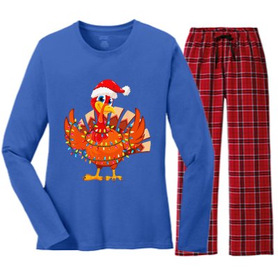 Christmas Lights Turkey Wearing Xmas Hat Turkey Lover Women's Long Sleeve Flannel Pajama Set 