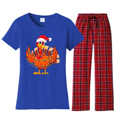 Christmas Lights Turkey Wearing Xmas Hat Turkey Lover Women's Flannel Pajama Set