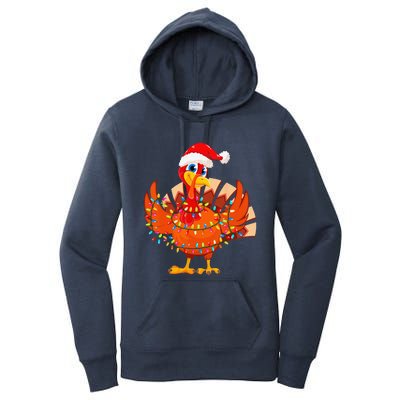 Christmas Lights Turkey Wearing Xmas Hat Turkey Lover Women's Pullover Hoodie