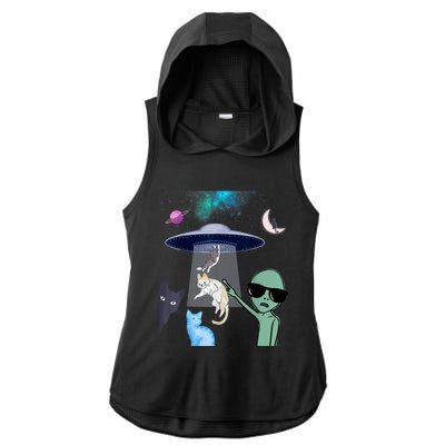 Cat Lovers UFO Space Abduction Of Cats By Aliens Design Ladies PosiCharge Tri-Blend Wicking Draft Hoodie Tank