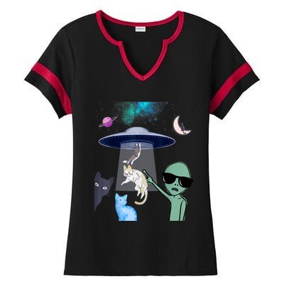 Cat Lovers UFO Space Abduction Of Cats By Aliens Design Ladies Halftime Notch Neck Tee