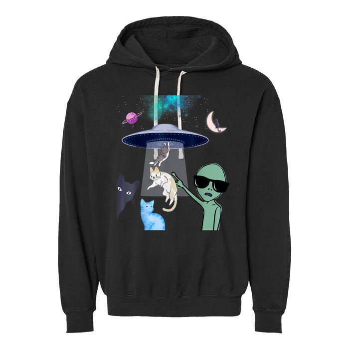 Cat Lovers UFO Space Abduction Of Cats By Aliens Design Garment-Dyed Fleece Hoodie