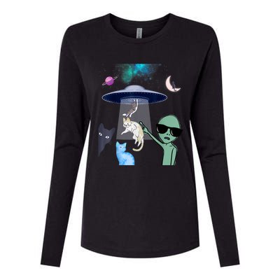 Cat Lovers UFO Space Abduction Of Cats By Aliens Design Womens Cotton Relaxed Long Sleeve T-Shirt