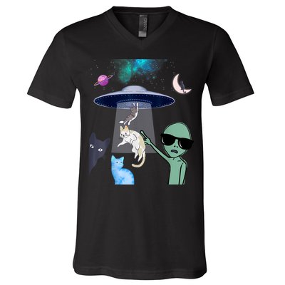 Cat Lovers UFO Space Abduction Of Cats By Aliens Design V-Neck T-Shirt