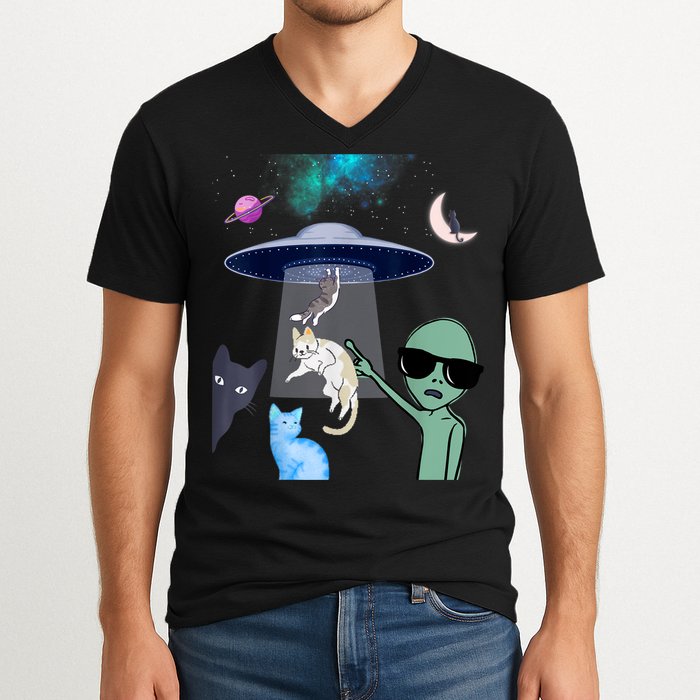 Cat Lovers UFO Space Abduction Of Cats By Aliens Design V-Neck T-Shirt