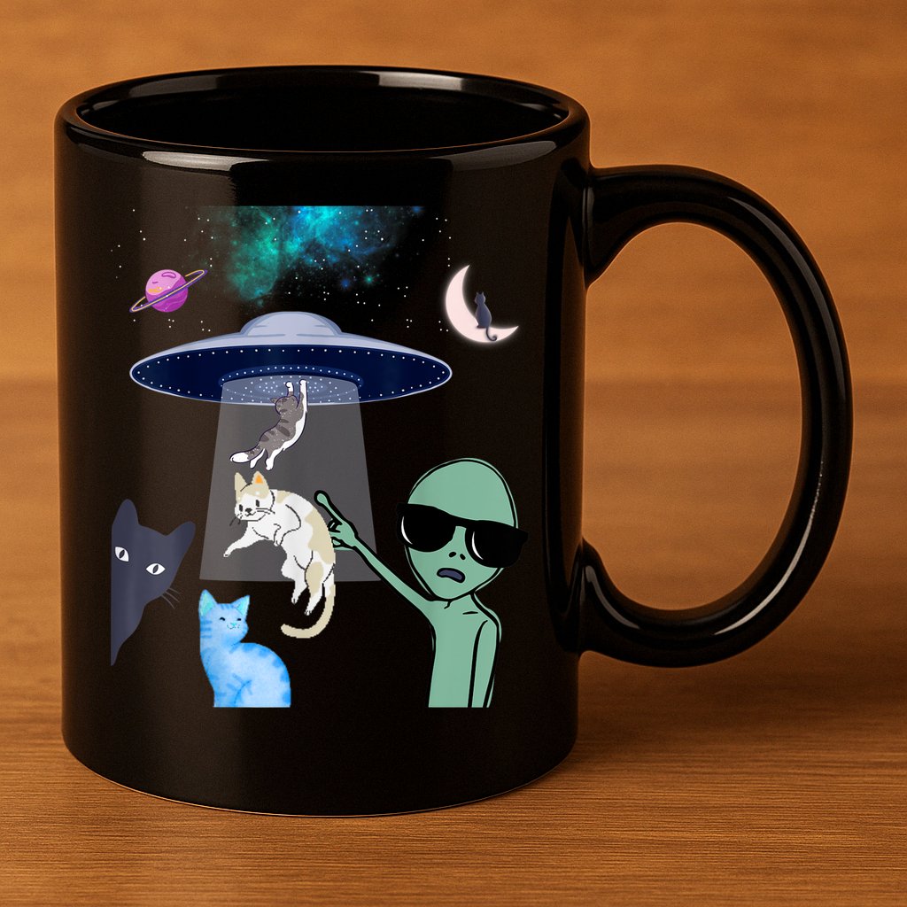 Cat Lovers UFO Space Abduction Of Cats By Aliens Design 11oz C Handle Ceramic Mug