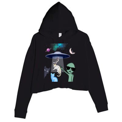 Cat Lovers UFO Space Abduction Of Cats By Aliens Design Crop Fleece Hoodie