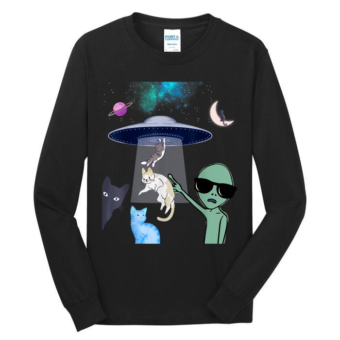 Cat Lovers UFO Space Abduction Of Cats By Aliens Design Tall Long Sleeve T-Shirt