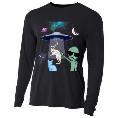 Cat Lovers UFO Space Abduction Of Cats By Aliens Design Cooling Performance Long Sleeve Crew