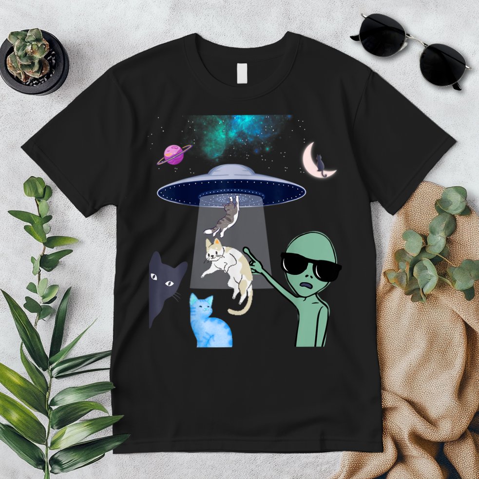 Cat Lovers UFO Space Abduction Of Cats By Aliens Design Premium T-Shirt