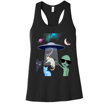 Cat Lovers UFO Space Abduction Of Cats By Aliens Design Women's Racerback Tank