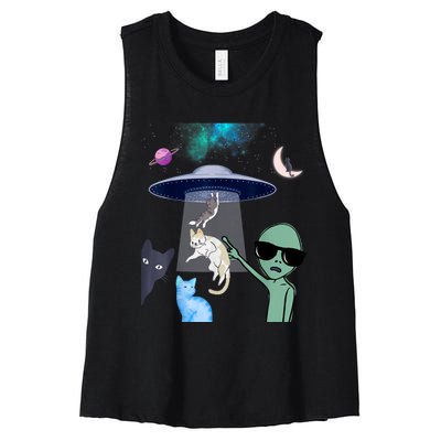 Cat Lovers UFO Space Abduction Of Cats By Aliens Design Women's Racerback Cropped Tank