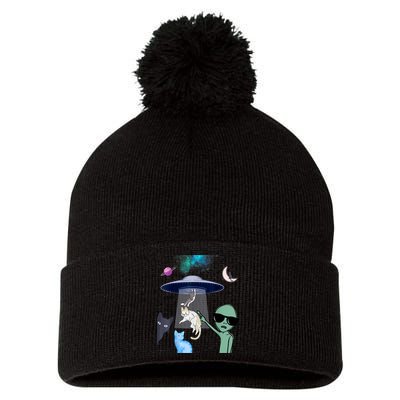Cat Lovers UFO Space Abduction Of Cats By Aliens Design Pom Pom 12in Knit Beanie