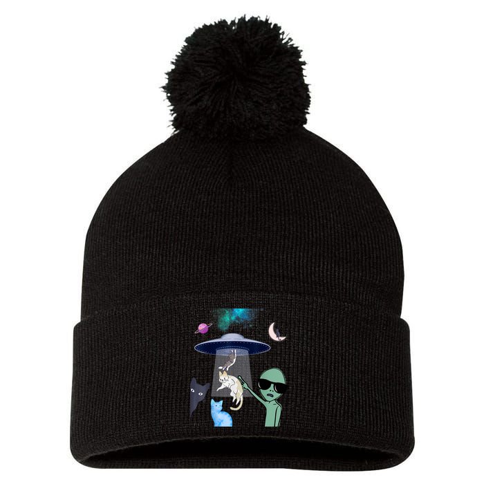 Cat Lovers UFO Space Abduction Of Cats By Aliens Design Pom Pom 12in Knit Beanie