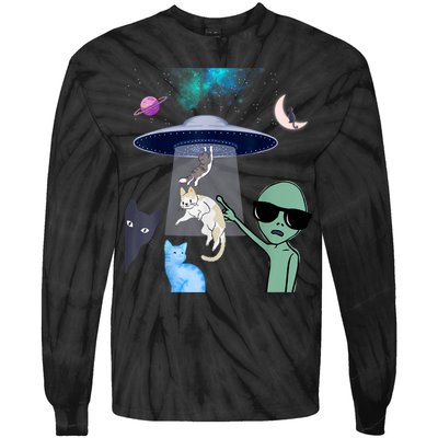 Cat Lovers UFO Space Abduction Of Cats By Aliens Design Tie-Dye Long Sleeve Shirt