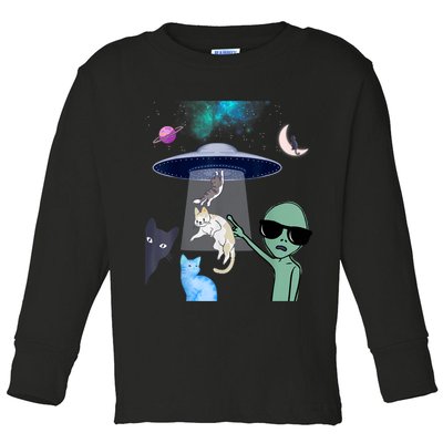 Cat Lovers UFO Space Abduction Of Cats By Aliens Design Toddler Long Sleeve Shirt