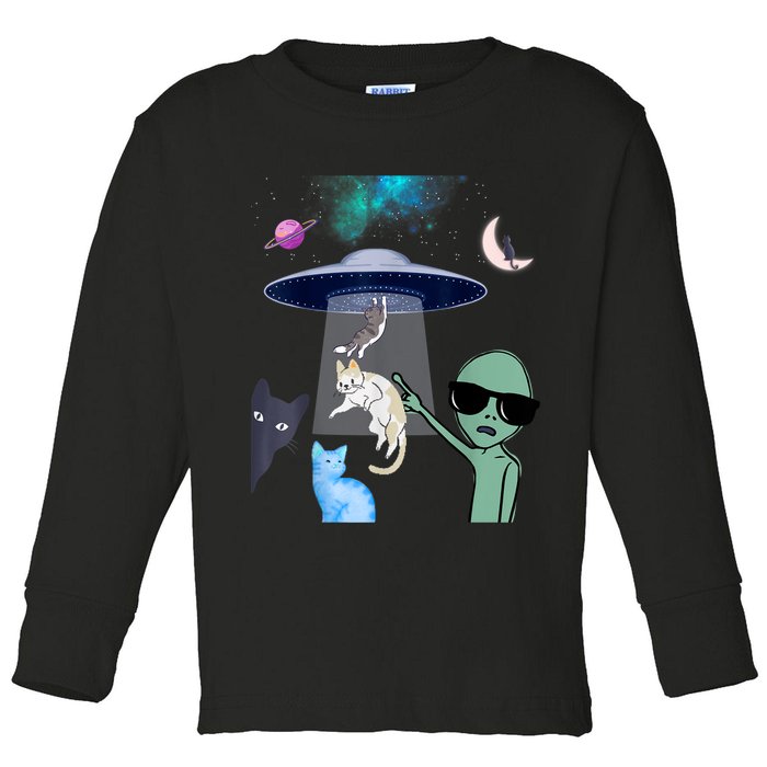 Cat Lovers UFO Space Abduction Of Cats By Aliens Design Toddler Long Sleeve Shirt
