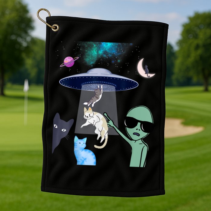 Cat Lovers UFO Space Abduction Of Cats By Aliens Design Golf Towel