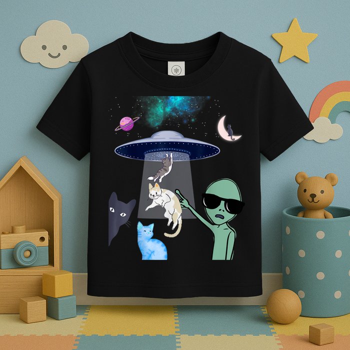 Cat Lovers UFO Space Abduction Of Cats By Aliens Design Toddler T-Shirt