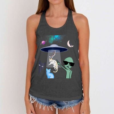 Cat Lovers UFO Space Abduction Of Cats By Aliens Design Women's Knotted Racerback Tank