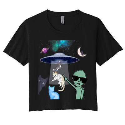 Cat Lovers UFO Space Abduction Of Cats By Aliens Design Crop Top