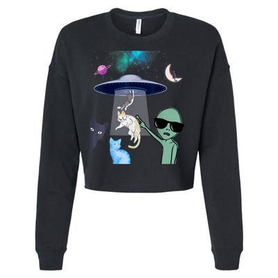Cat Lovers UFO Space Abduction Of Cats By Aliens Design Cropped Pullover Crew