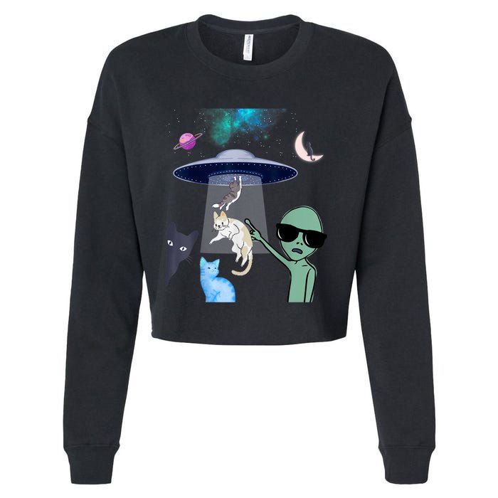 Cat Lovers UFO Space Abduction Of Cats By Aliens Design Cropped Pullover Crew