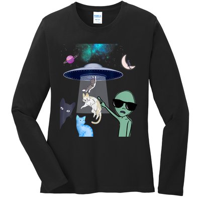 Cat Lovers UFO Space Abduction Of Cats By Aliens Design Ladies Long Sleeve Shirt