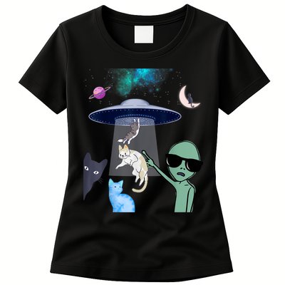 Cat Lovers UFO Space Abduction Of Cats By Aliens Design Womens T-Shirt
