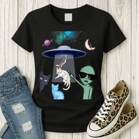 Cat Lovers UFO Space Abduction Of Cats By Aliens Design Womens T-Shirt