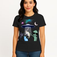 Cat Lovers UFO Space Abduction Of Cats By Aliens Design Womens T-Shirt