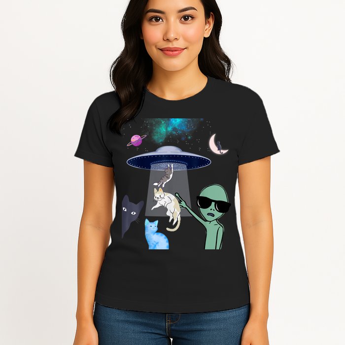 Cat Lovers UFO Space Abduction Of Cats By Aliens Design Womens T-Shirt