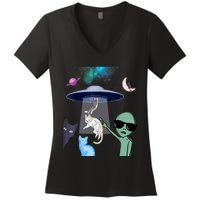 Cat Lovers UFO Space Abduction Of Cats By Aliens Design Women's V-Neck T-Shirt