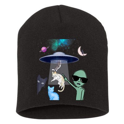 Cat Lovers UFO Space Abduction Of Cats By Aliens Design Short Acrylic Beanie