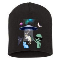 Cat Lovers UFO Space Abduction Of Cats By Aliens Design Short Acrylic Beanie