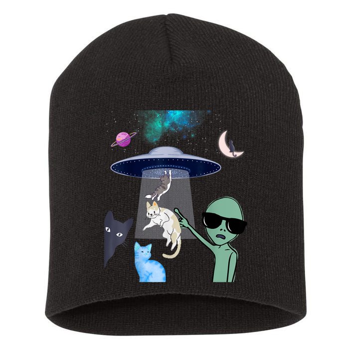 Cat Lovers UFO Space Abduction Of Cats By Aliens Design Short Acrylic Beanie