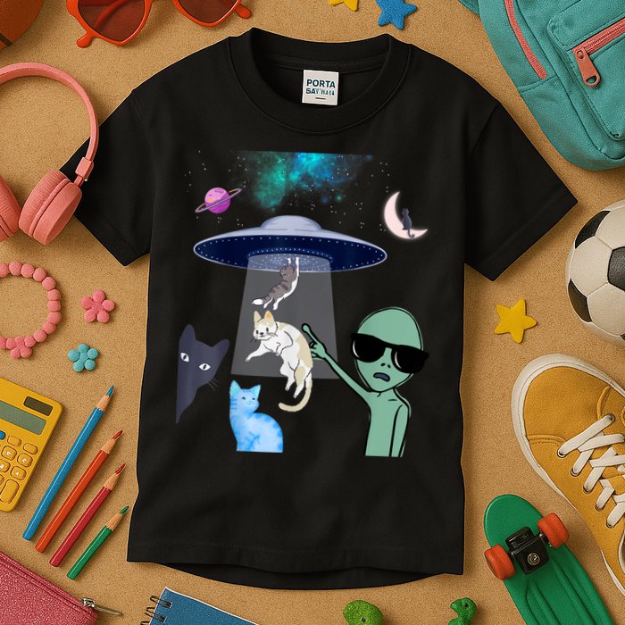 Cat Lovers UFO Space Abduction Of Cats By Aliens Design Kids T-Shirt