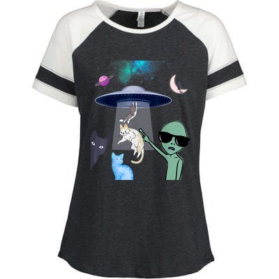 Cat Lovers UFO Space Abduction Of Cats By Aliens Design Enza Ladies Jersey Colorblock Tee