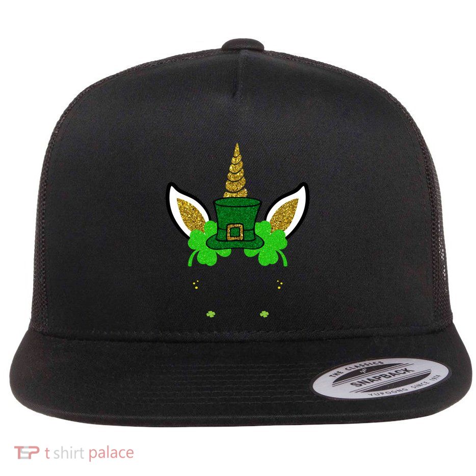 Cute Lucky Unicorn Face St Patricks Day Gift Flat Bill Trucker Hat