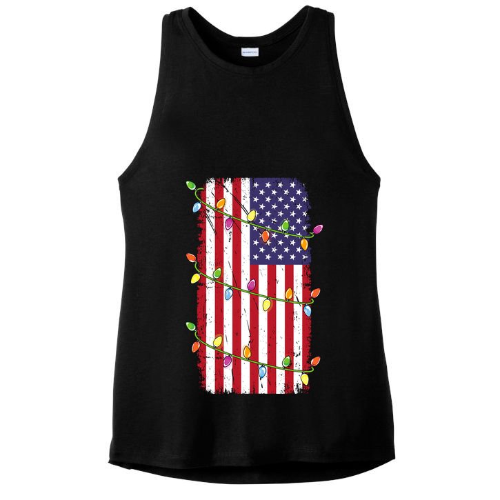Christmas Lights Usa Flag Patriotic Veteran Christmas Ladies PosiCharge Tri-Blend Wicking Tank