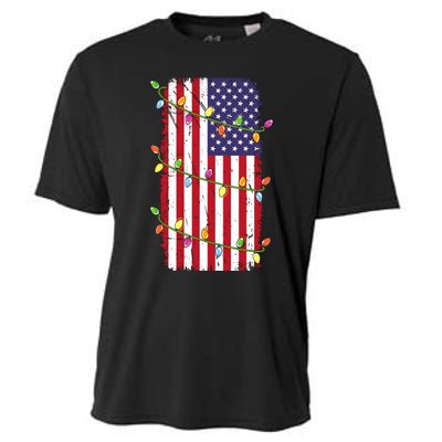 Christmas Lights Usa Flag Patriotic Veteran Christmas Cooling Performance Crew T-Shirt