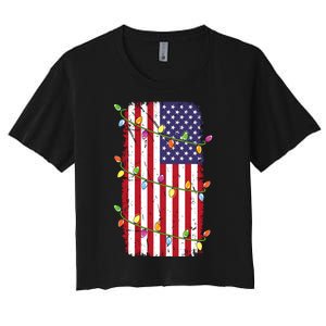 Christmas Lights Usa Flag Patriotic Veteran Christmas Women's Crop Top Tee