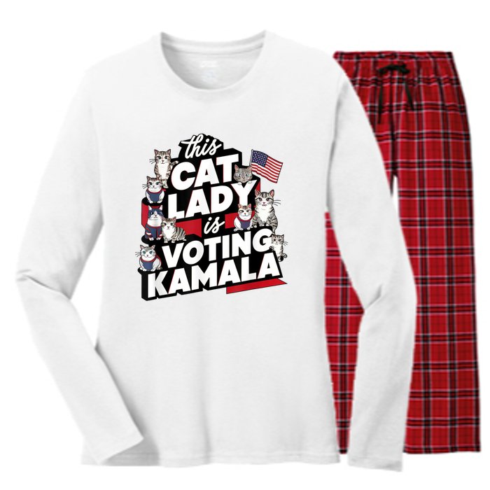 Cat Lady Voting For Kamala Harris 2024 1st Female President Women's Long Sleeve Flannel Pajama Set 