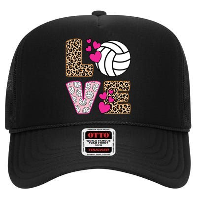 Cute Love Volleyball Leopard Print Ladies Volleyball High Crown Mesh Back Trucker Hat