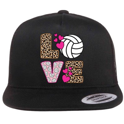 Cute Love Volleyball Leopard Print Ladies Volleyball Flat Bill Trucker Hat