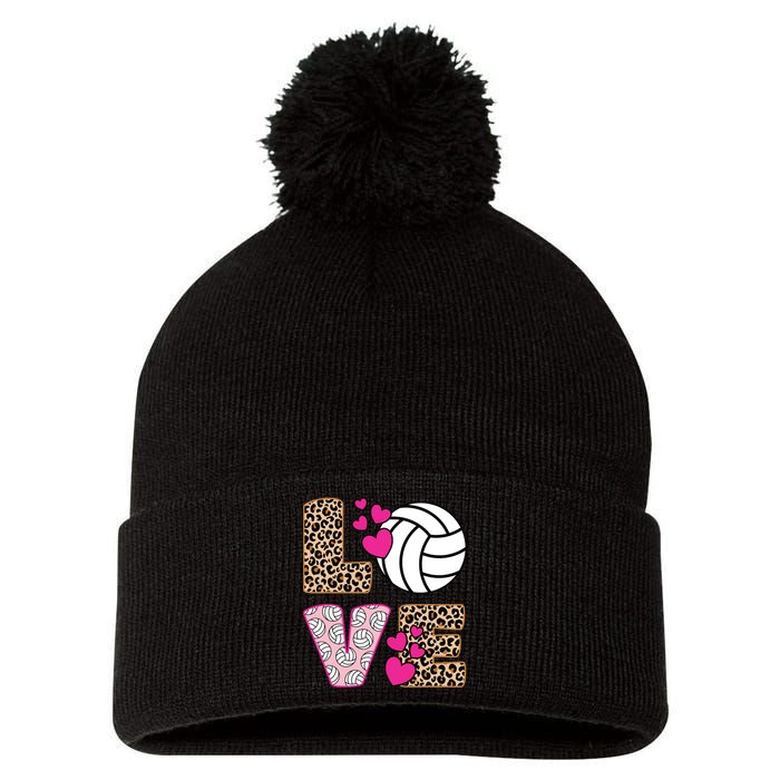 Cute Love Volleyball Leopard Print Ladies Volleyball Pom Pom 12in Knit Beanie