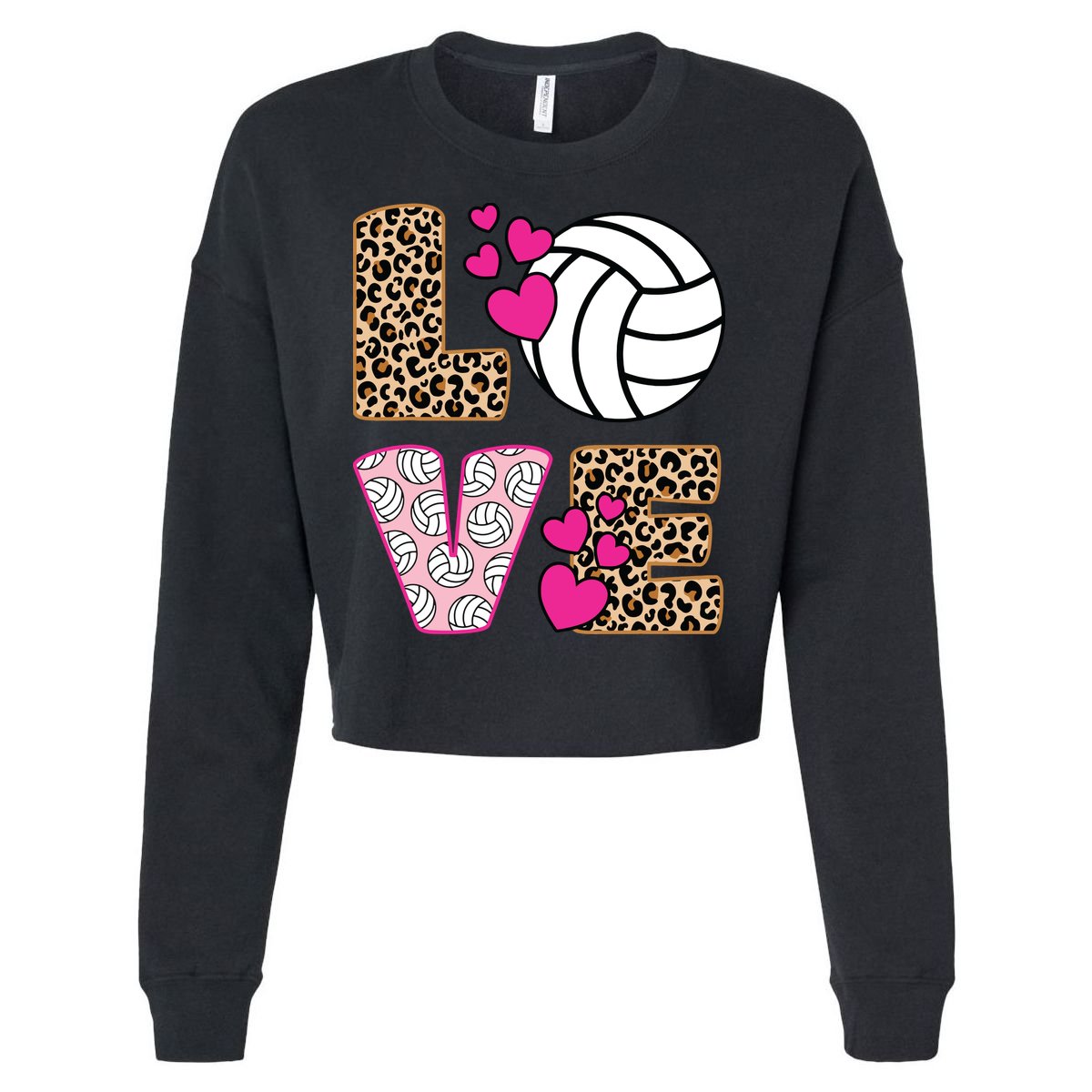 Cute Love Volleyball Leopard Print Ladies Volleyball Cropped Pullover Crew