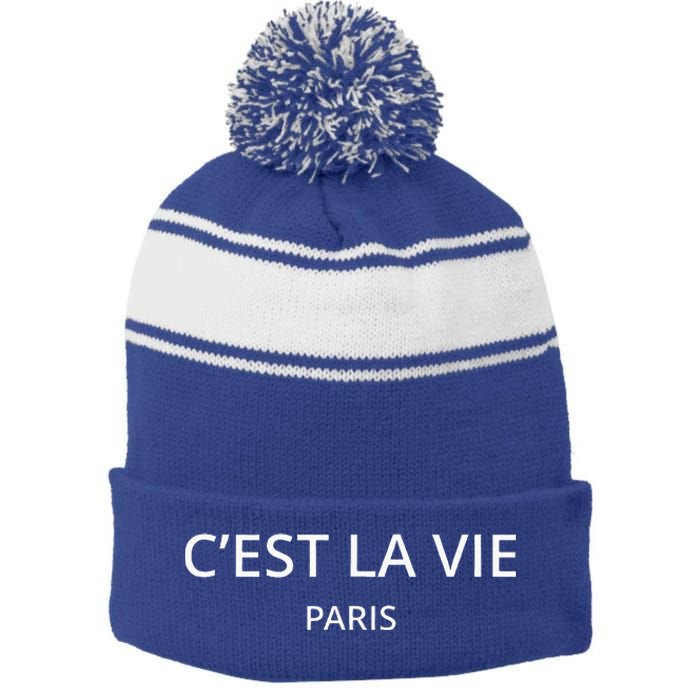 CEst La Vie Paris Stripe Pom Pom Beanie