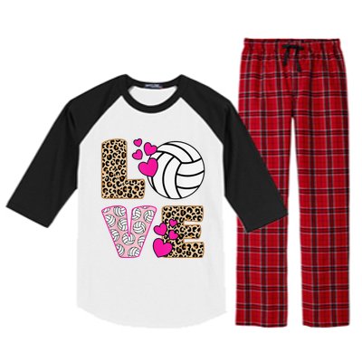 Cute Love Volleyball Leopard Print  Ladies Volleyball Raglan Sleeve Pajama Set